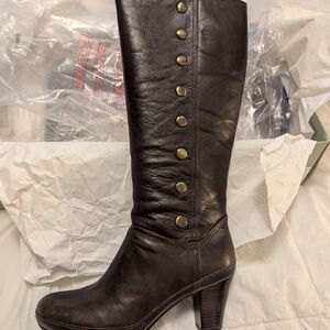 Clarks Dark Brown Heeled Boots with Gold Button Accents